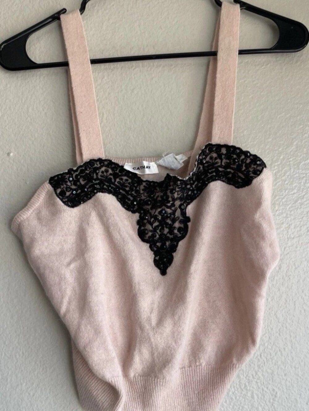 Cathay Pink Top black lace detail Adjustable Button Soft Wool Rabbit Hair Sz L